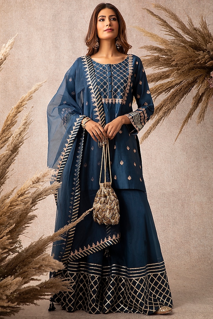 Navy Blue Organza Sharara Set by Ajiesh Oberoi