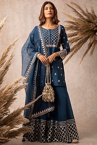 Navy Blue Organza Sharara Set by Ajiesh Oberoi
