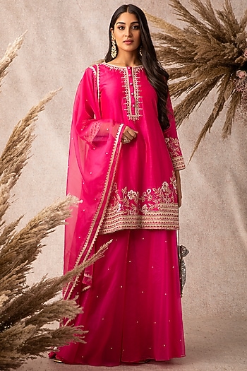 Bright Pink Organza Wedding Sharara Set by Ajiesh Oberoi at Pernia's Pop Up Shop