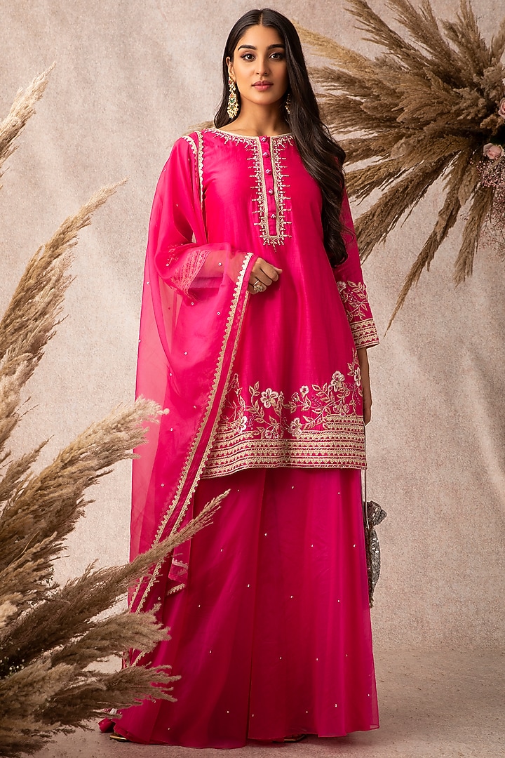 Bright Pink Organza Wedding Sharara Set by Ajiesh Oberoi at Pernia's Pop Up Shop