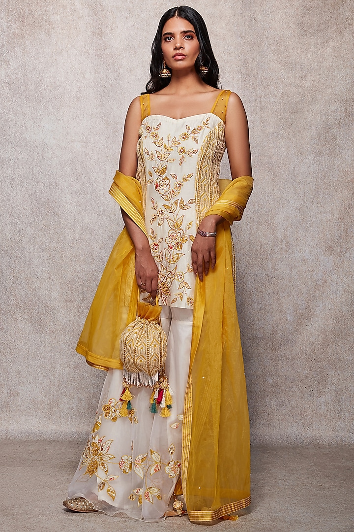 Ivory Applique Embroidered Gharara Set by Ajiesh Oberoi