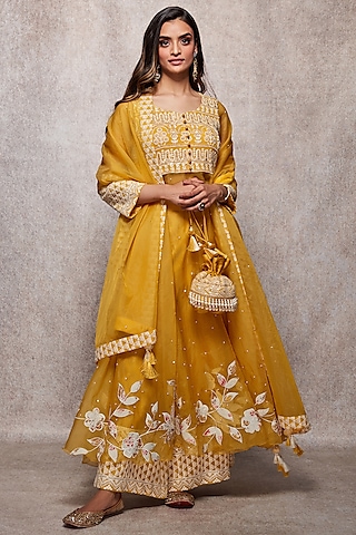 Mustard Embroidered Chikankari Anarkali Set by Ajiesh Oberoi