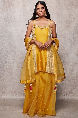 Mustard Chikankari Sharara Set by Ajiesh Oberoi
