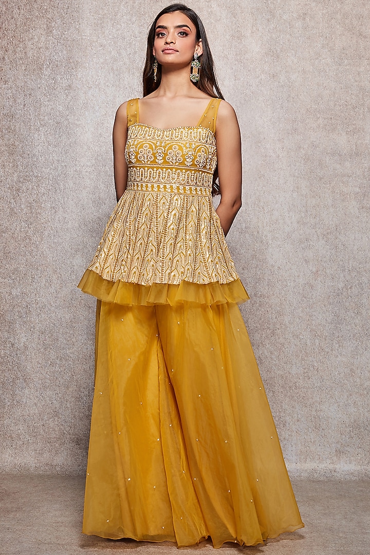 Mustard Georgette & Organza Sharara Set by Ajiesh Oberoi at Pernia's Pop Up Shop