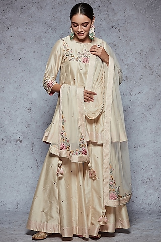 Light Gold Dupion Silk & Soft Net Gharara Set by Ajiesh Oberoi
