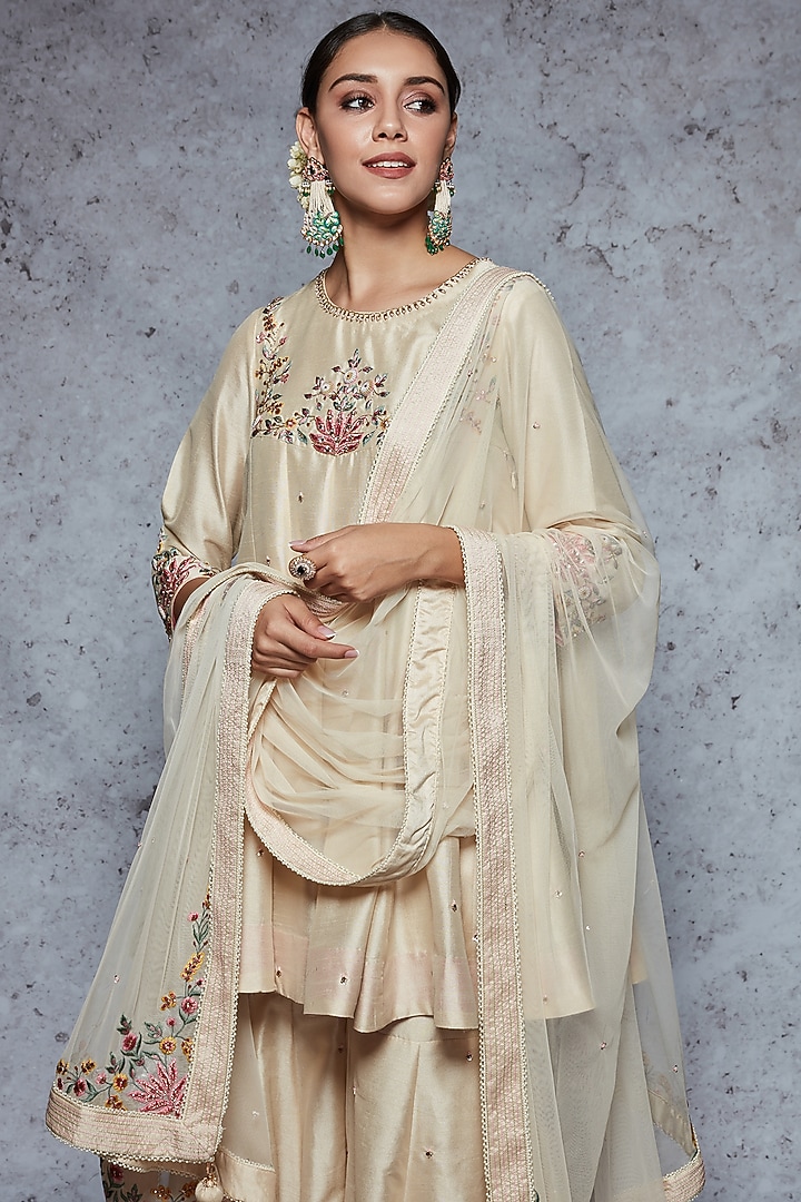 Light Gold Dupion Silk & Soft Net Gharara Set by Ajiesh Oberoi at Pernia's Pop Up Shop