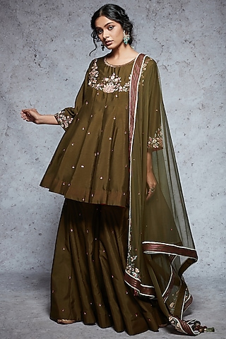 Olive Brown Dupion Silk & Soft Net Gharara Set by Ajiesh Oberoi