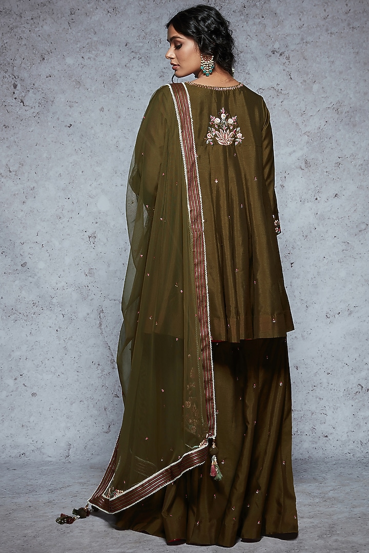 Olive Brown Dupion Silk & Soft Net Gharara Set by Ajiesh Oberoi at Pernia's Pop Up Shop
