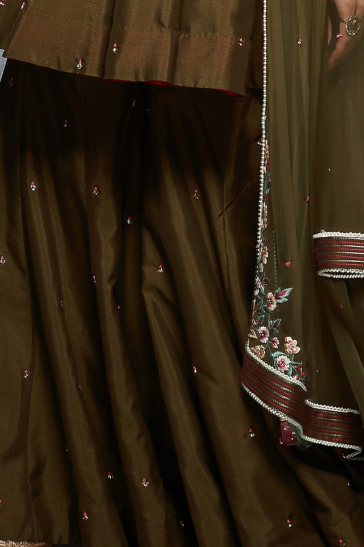 Olive Brown Dupion Silk & Soft Net Gharara Set by Ajiesh Oberoi at Pernia's Pop Up Shop