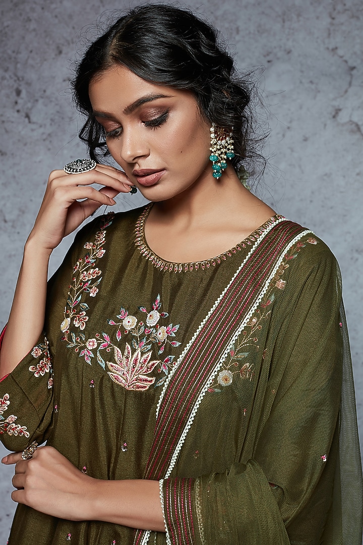 Olive Brown Dupion Silk & Soft Net Gharara Set by Ajiesh Oberoi at Pernia's Pop Up Shop