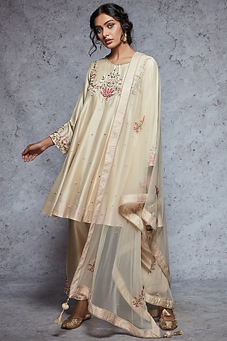 Light Gold Embroidered Kalidar Kurta Set by Ajiesh Oberoi