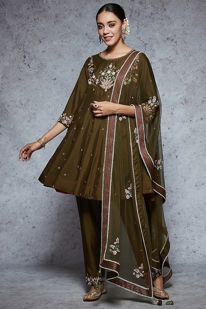 Olive Brown Embroidered Kalidar Kurta Set by Ajiesh Oberoi at Pernia's Pop Up Shop