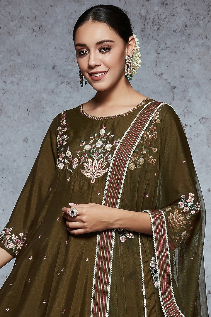 Olive Brown Embroidered Kalidar Kurta Set by Ajiesh Oberoi at Pernia's Pop Up Shop