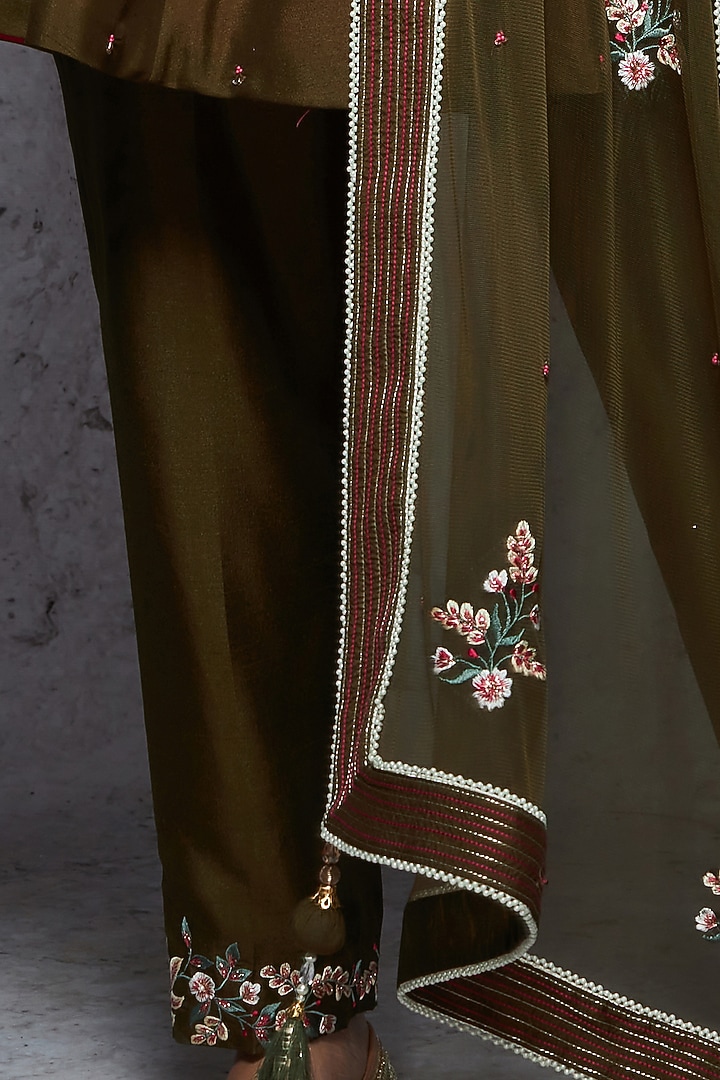 Olive Brown Embroidered Kalidar Kurta Set by Ajiesh Oberoi at Pernia's Pop Up Shop