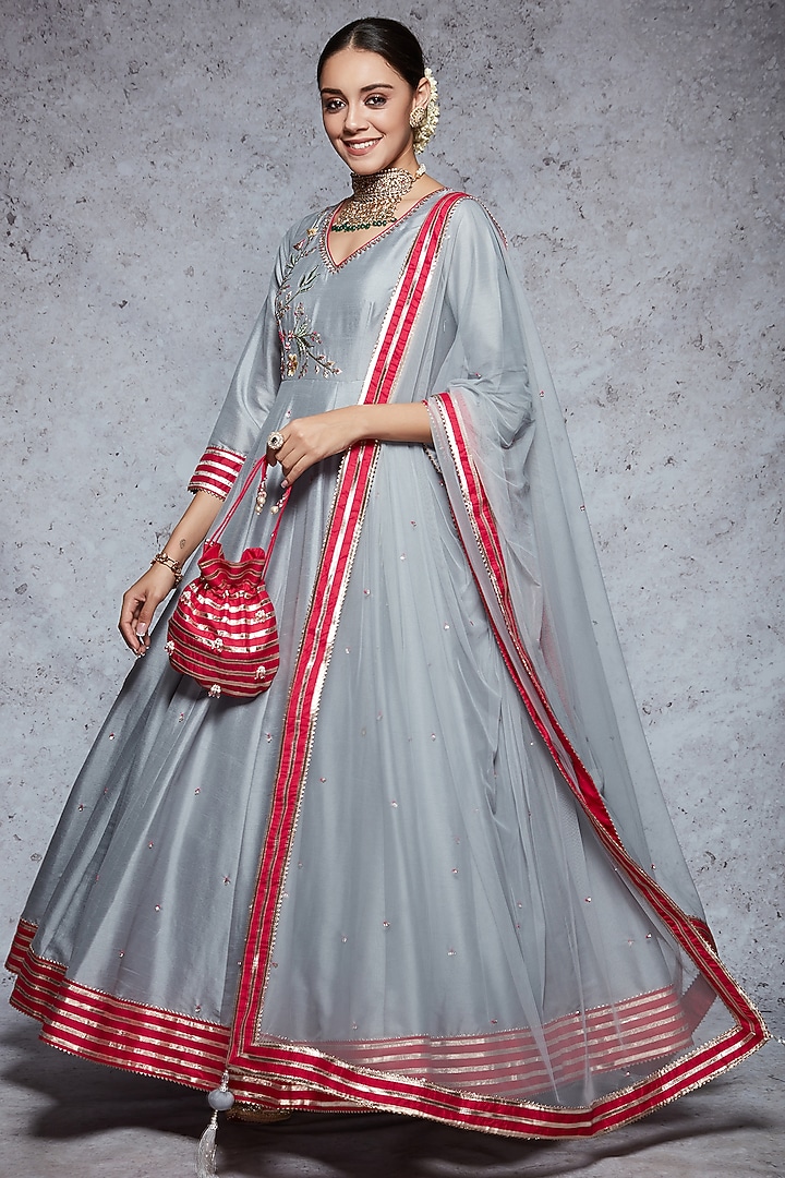 Frosty Blue Embroidered Wedding Anarkali Set by Ajiesh Oberoi at Pernia's Pop Up Shop
