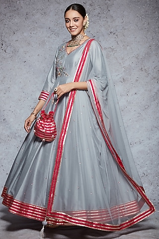 Frosty Blue Embroidered Anarkali Set by Ajiesh Oberoi