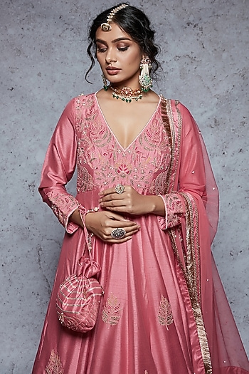 Rose Pink Dupion Silk & Soft Net Wedding Anarkali Set by Ajiesh Oberoi at Pernia's Pop Up Shop