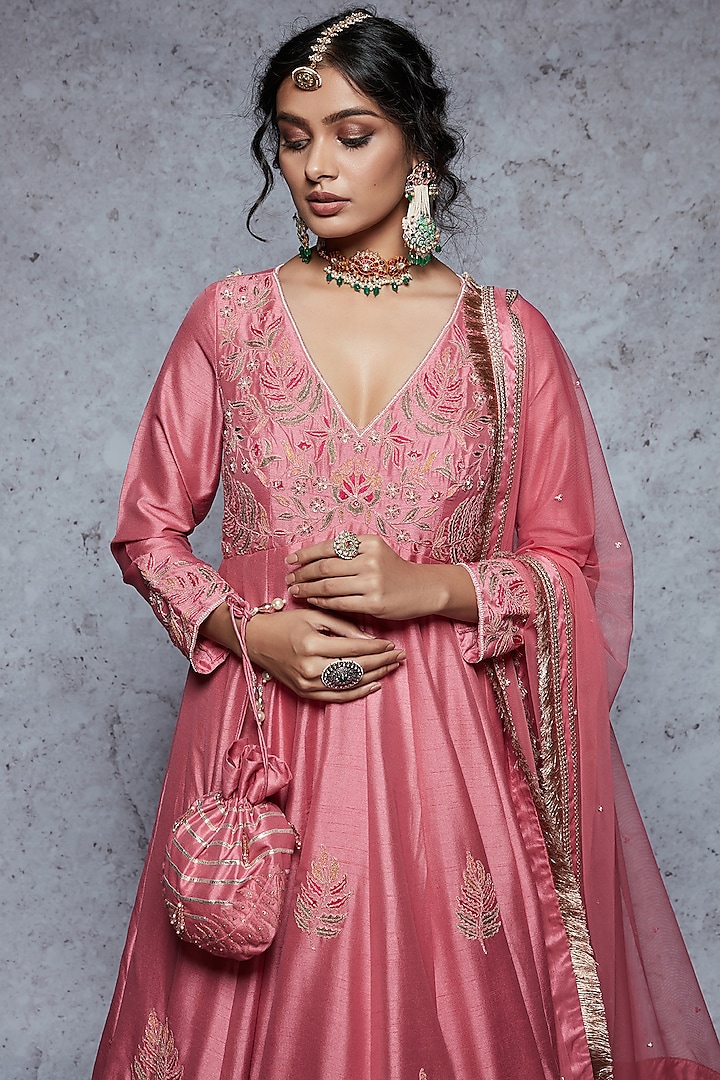 Rose Pink Dupion Silk & Soft Net Anarkali Set by Ajiesh Oberoi