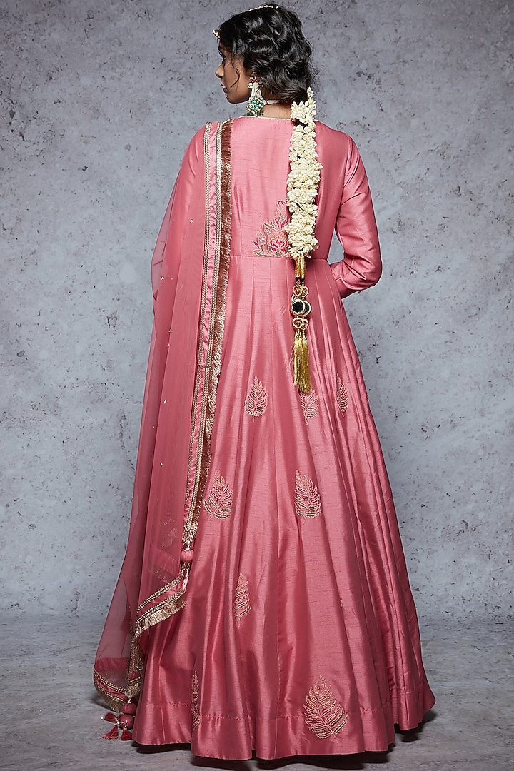 Rose Pink Dupion Silk & Soft Net Wedding Anarkali Set by Ajiesh Oberoi at Pernia's Pop Up Shop