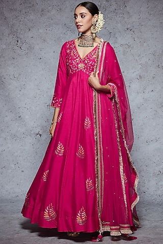 Cadmium Red Dupion Silk & Soft Net Anarkali Set by Ajiesh Oberoi