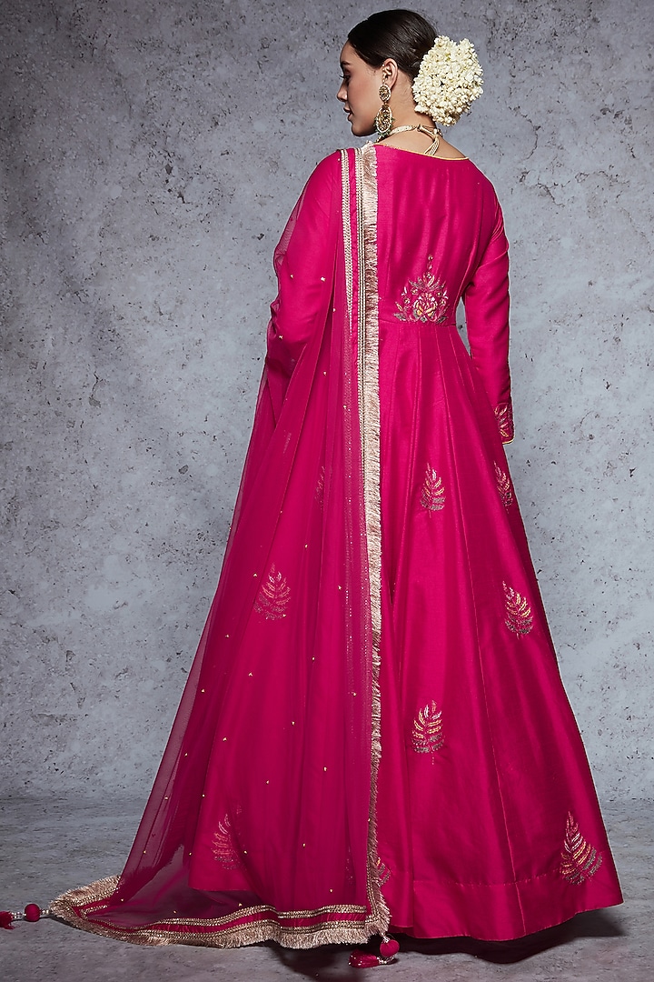 Cadmium Red Dupion Silk & Soft Net Wedding Anarkali Set by Ajiesh Oberoi at Pernia's Pop Up Shop