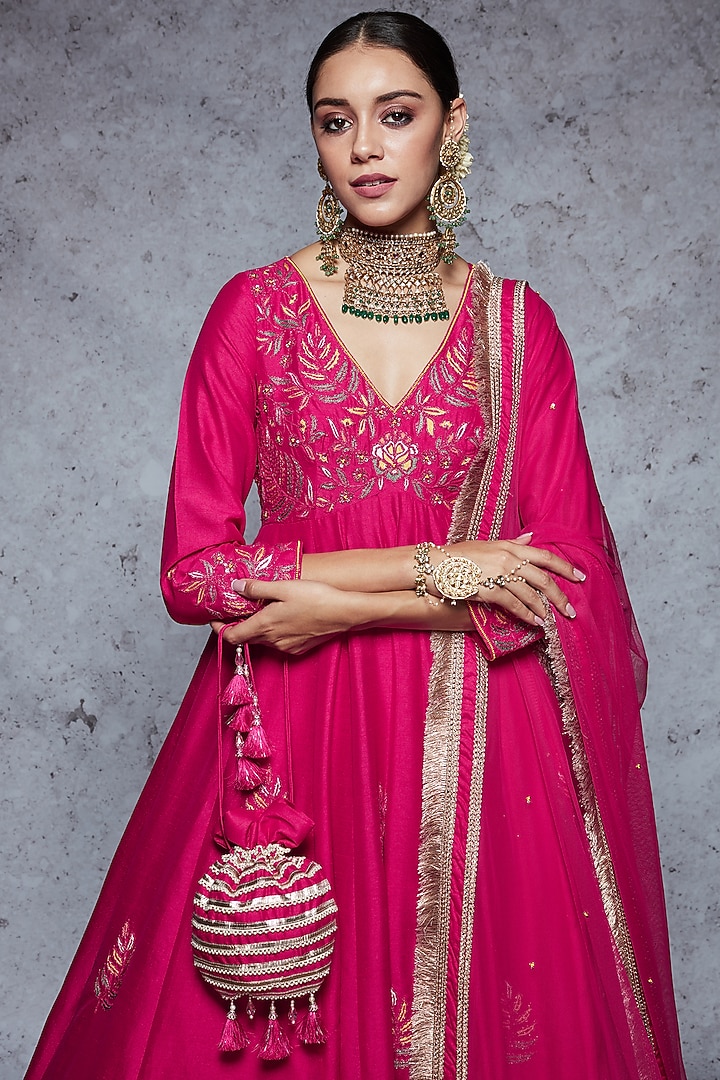 Cadmium Red Dupion Silk & Soft Net Wedding Anarkali Set by Ajiesh Oberoi at Pernia's Pop Up Shop