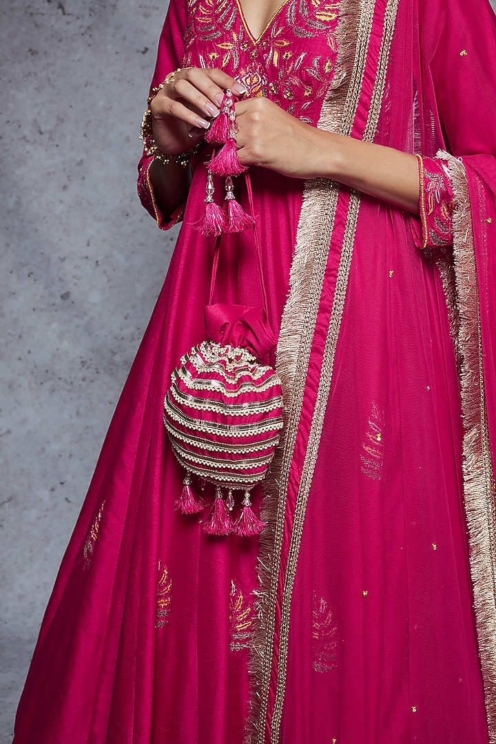 Cadmium Red Dupion Silk & Soft Net Wedding Anarkali Set by Ajiesh Oberoi at Pernia's Pop Up Shop