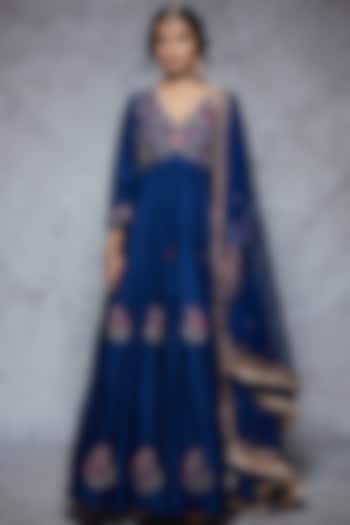 Royal Blue Dupion Silk & Soft Net Anarkali Set by Ajiesh Oberoi