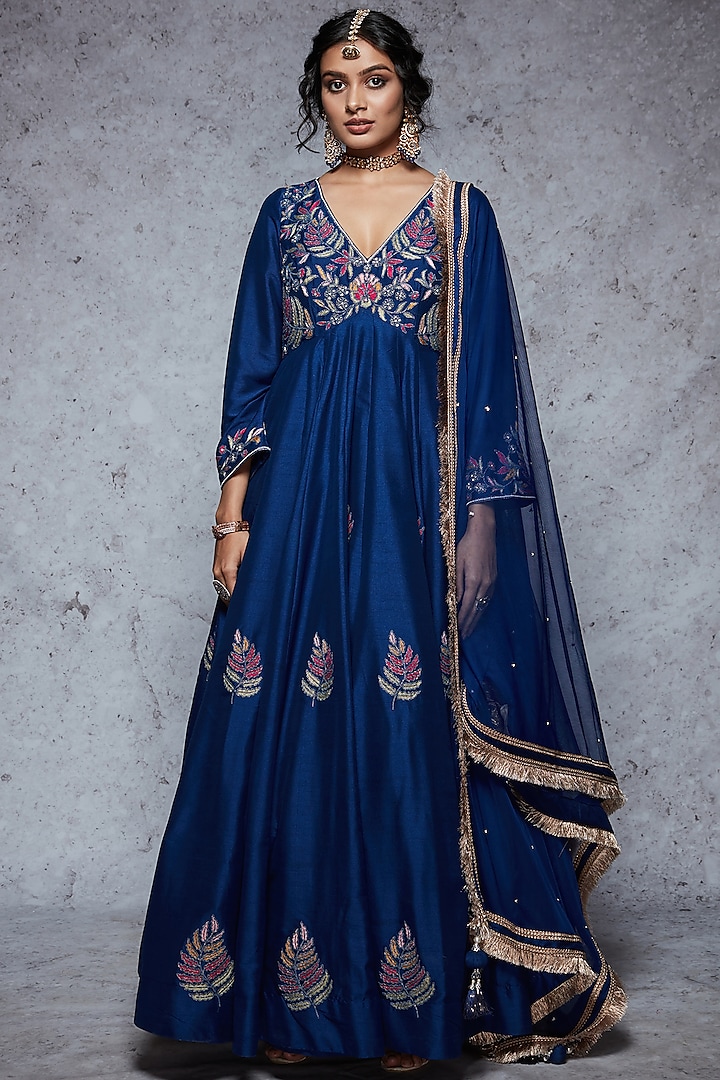 Royal Blue Dupion Silk & Soft Net Anarkali Set by Ajiesh Oberoi