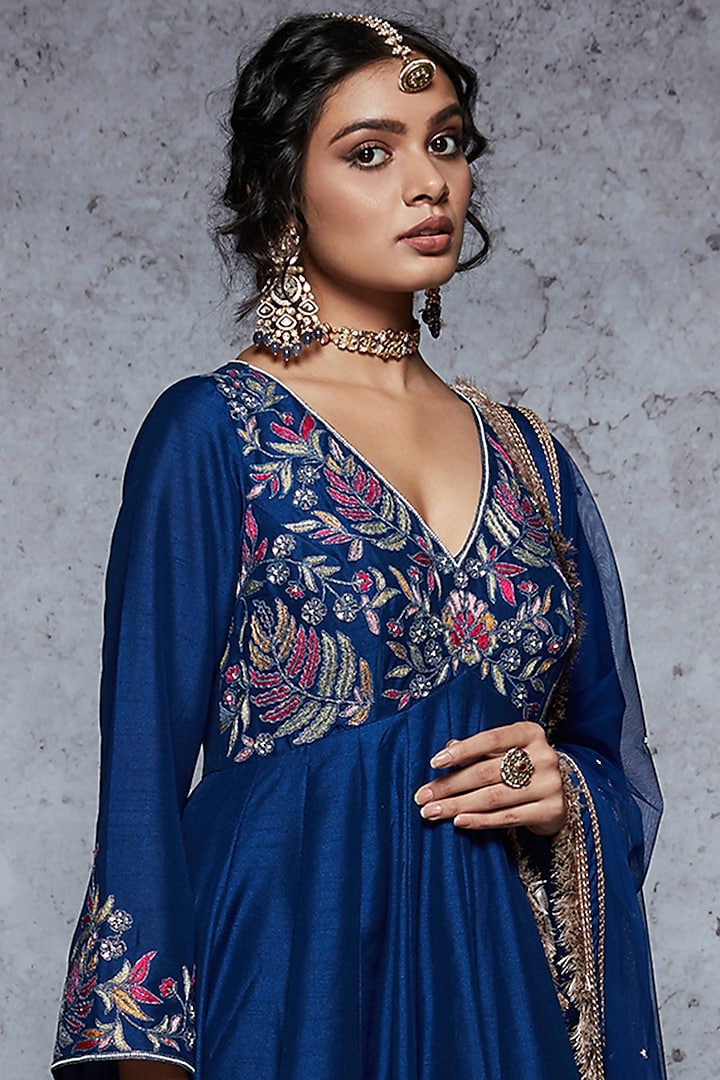 Royal Blue Dupion Silk & Soft Net Wedding Anarkali Set by Ajiesh Oberoi at Pernia's Pop Up Shop