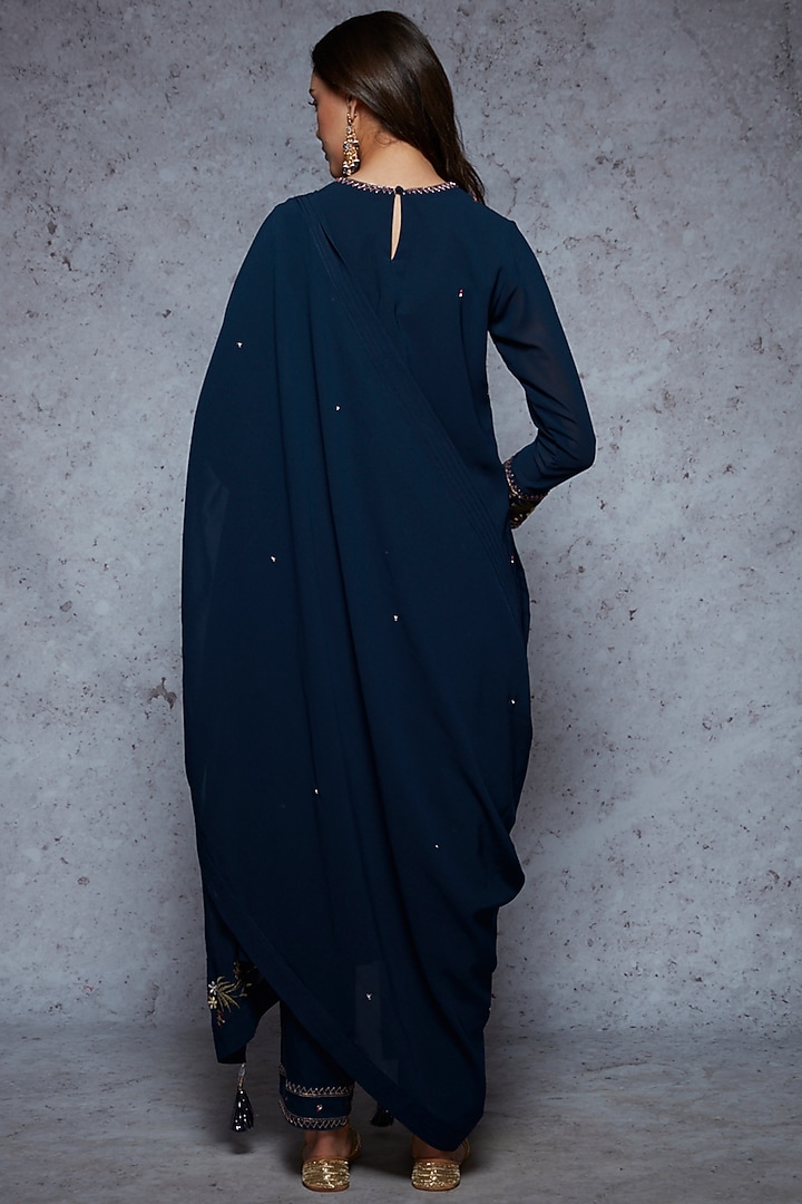 Navy Blue Embroidered Kurta Set by Ajiesh Oberoi at Pernia's Pop Up Shop