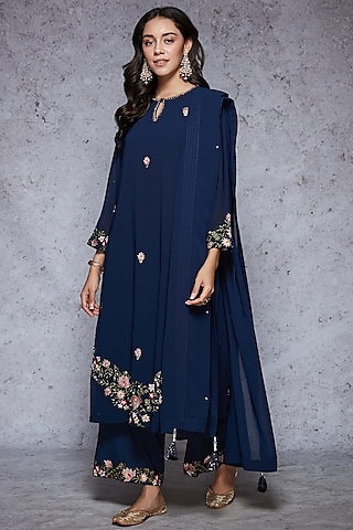 Navy Blue Straight Kurta Set by Ajiesh Oberoi