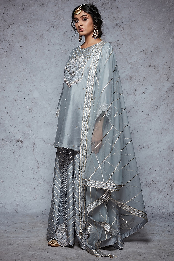 Frosty Blue Embroidered Sharara Set by Ajiesh Oberoi