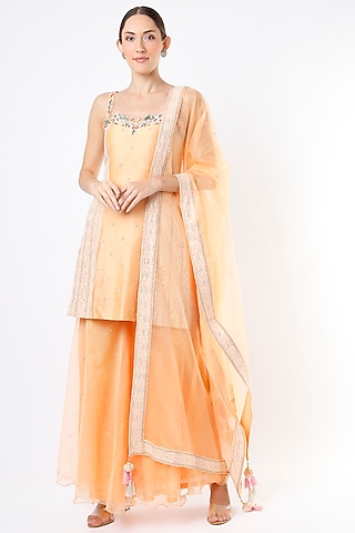 Peach Georgette Gharara Set by Ajiesh Oberoi