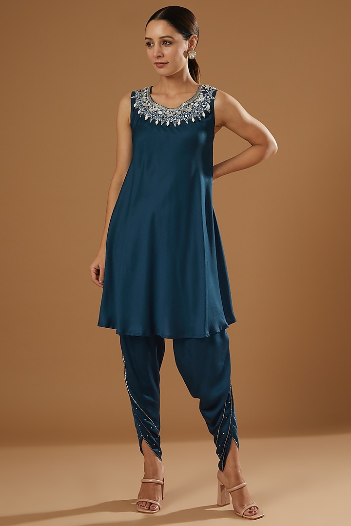 Cobalt Blue Modal Silk Dhoti Set by Ajiesh Oberoi