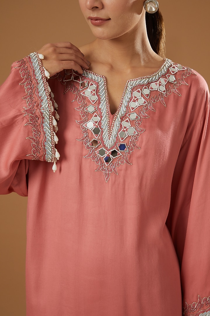 Peach Embroidered Kurta Set by Ajiesh Oberoi at Pernia's Pop Up Shop