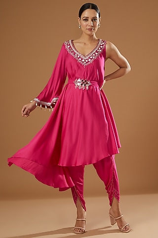 Fuchsia Modal Silk Dhoti Set by Ajiesh Oberoi