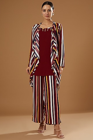 Wine Printed Jacket Set by Ajiesh Oberoi
