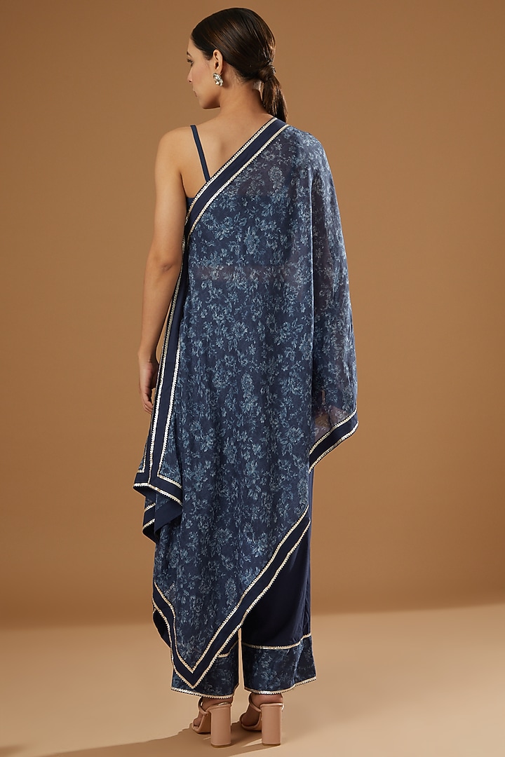 Cobalt Blue Cotton One-Shoulder Cape Set by Ajiesh Oberoi at Pernia's Pop Up Shop