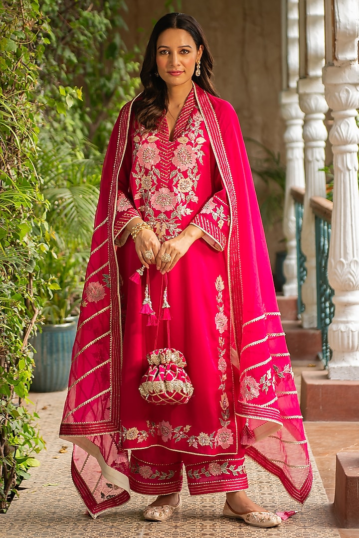 Rani Pink Silk & Croma Embroidered Kurta Set Design by Ajiesh Oberoi at ...