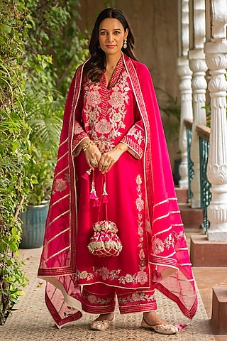 Rani Pink Silk & Croma Embroidered Kurta Set by Ajiesh Oberoi