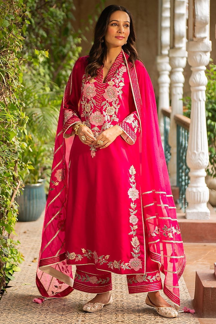 Rani Pink Silk & Croma Embroidered Kurta Set by Ajiesh Oberoi at Pernia's Pop Up Shop