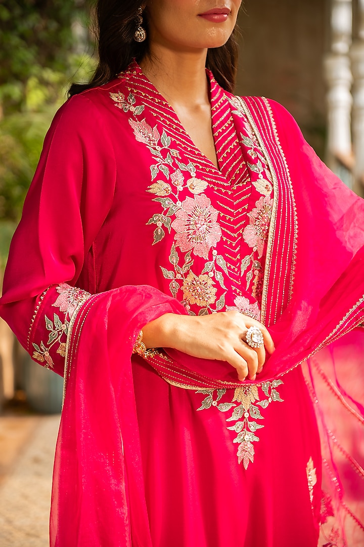 Rani Pink Silk & Croma Embroidered Kurta Set by Ajiesh Oberoi at Pernia's Pop Up Shop
