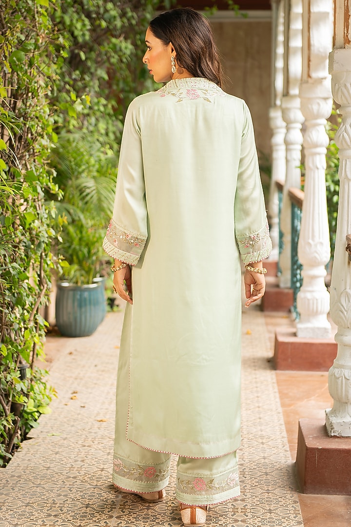 Sea Green Silk & Croma Embroidered Kurta Set by Ajiesh Oberoi at Pernia's Pop Up Shop