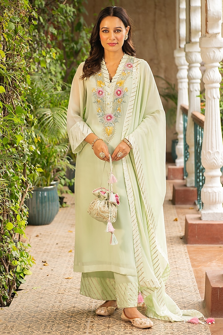 Sea Green Mulmul & Rayon Embroidered Kurta Set by Ajiesh Oberoi