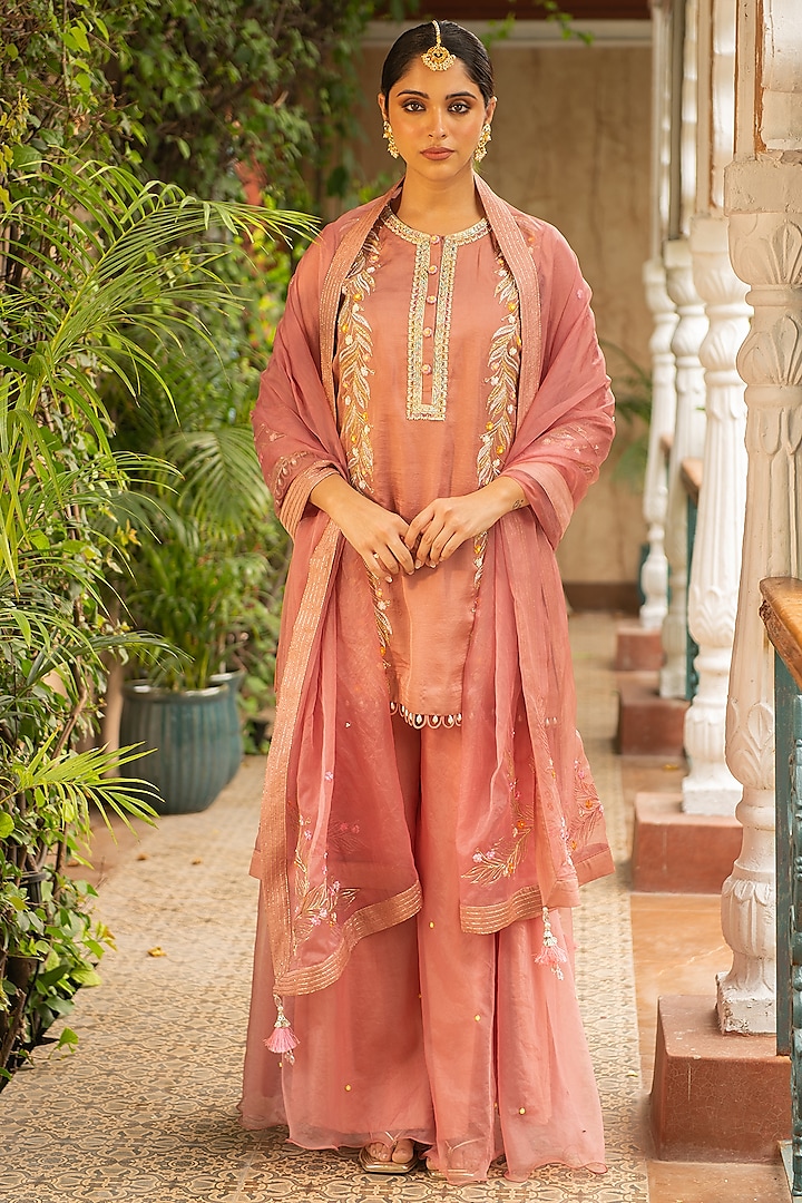 Old Rose Silk & Mulmul Embellished Wedding Sharara Set by Ajiesh Oberoi at Pernia's Pop Up Shop