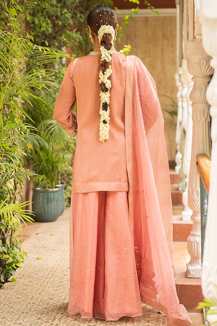 Old Rose Silk & Mulmul Embellished Wedding Sharara Set by Ajiesh Oberoi at Pernia's Pop Up Shop
