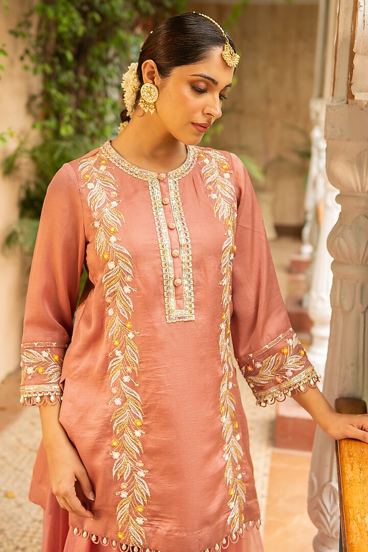 Old Rose Silk & Mulmul Embellished Wedding Sharara Set by Ajiesh Oberoi at Pernia's Pop Up Shop