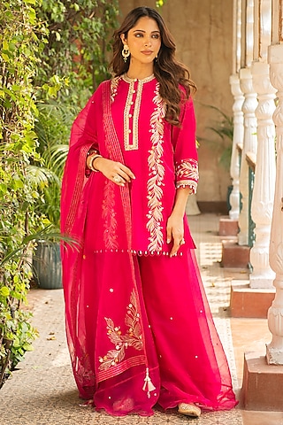 Rani Pink Silk & Mulmul Embellished Sharara Set by Ajiesh Oberoi