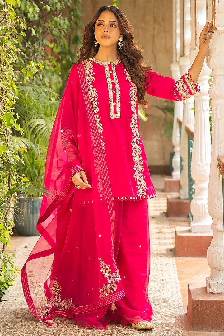 Rani Pink Silk & Mulmul Embellished Wedding Sharara Set by Ajiesh Oberoi at Pernia's Pop Up Shop